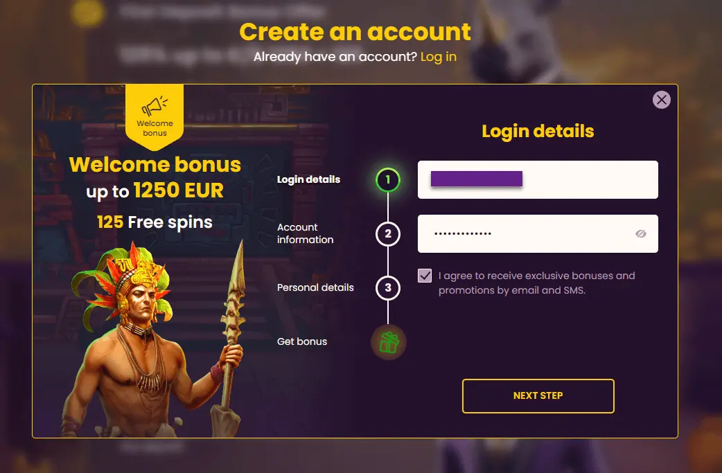 Create account at the Casino Bizzo