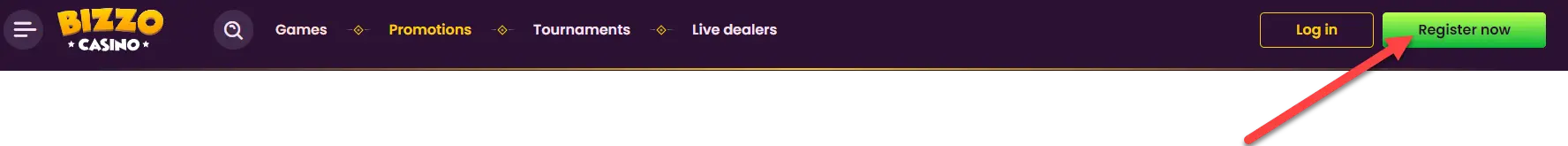 Sign Up at Bizzo Casino: first step